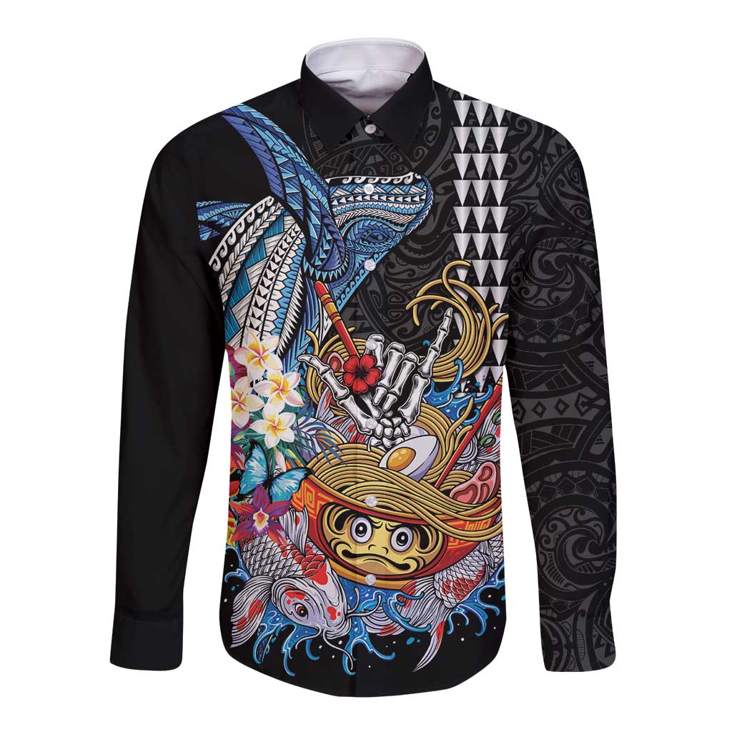 Personalized Japanese Koi Fish Ramen Long Sleeve Button Shirt Aloha Shark Kakau Pattern LT9 Unisex Black - Polynesian Pride