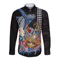 Personalized Japanese Koi Fish Ramen Long Sleeve Button Shirt Aloha Shark Kakau Pattern LT9 Unisex Black - Polynesian Pride