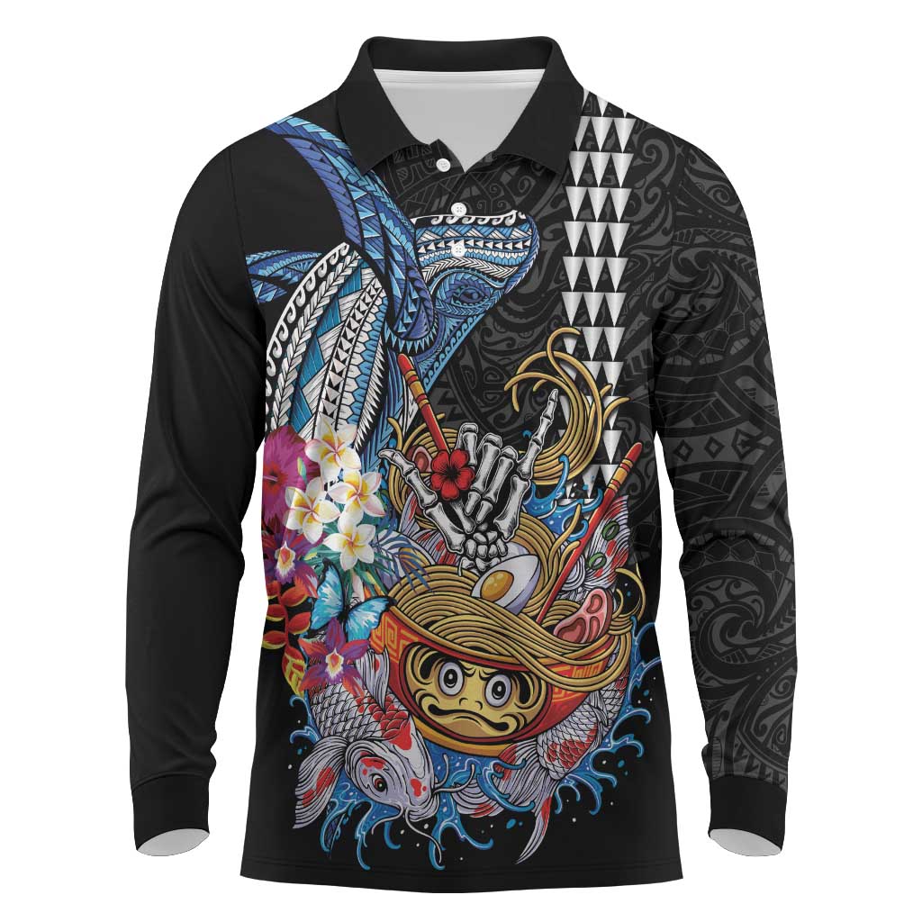 Personalized Japanese Koi Fish Ramen Long Sleeve Polo Shirt Aloha Shark Kakau Pattern