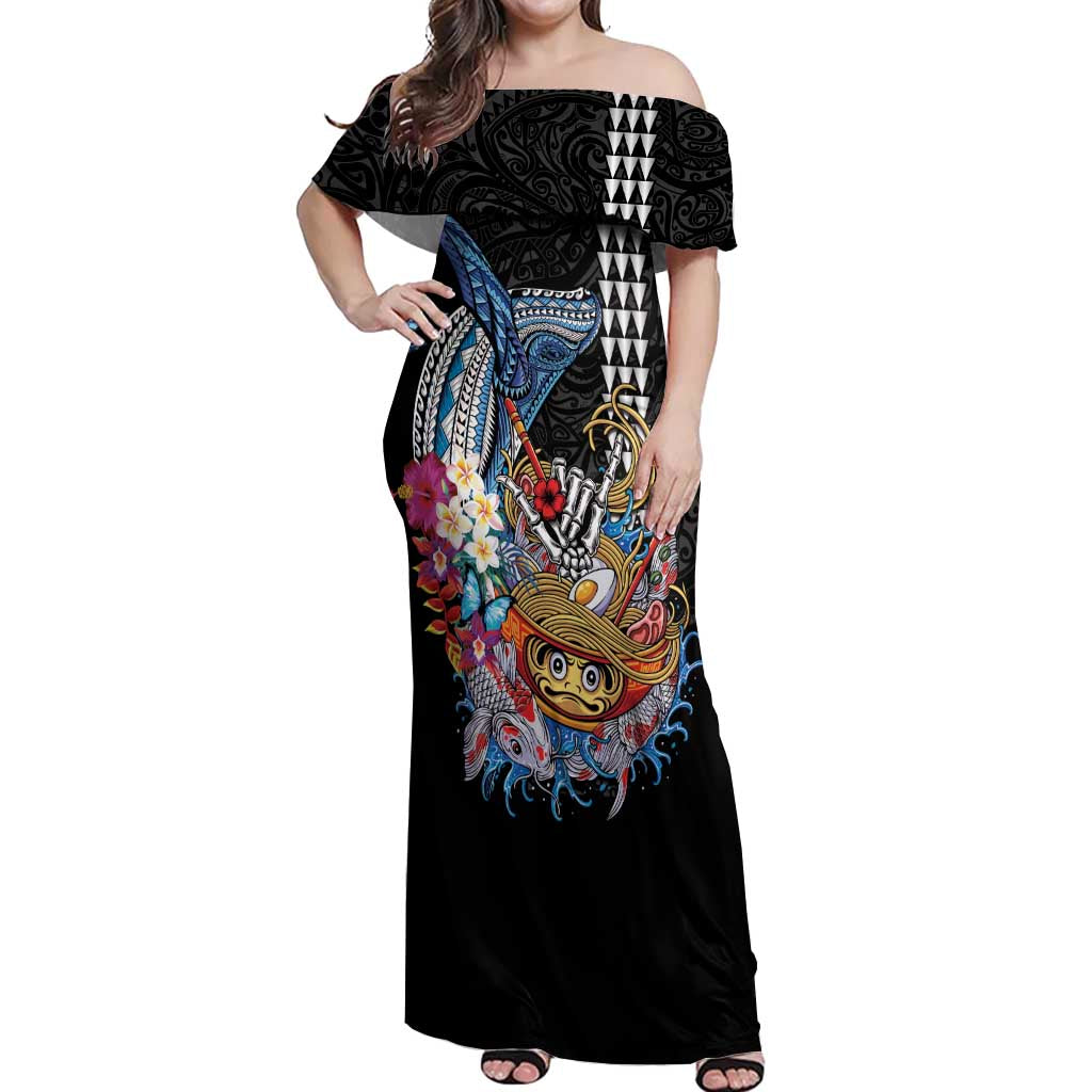 Personalized Japanese Koi Fish Ramen Off Shoulder Maxi Dress Aloha Shark Kakau Pattern LT9 Women Black - Polynesian Pride