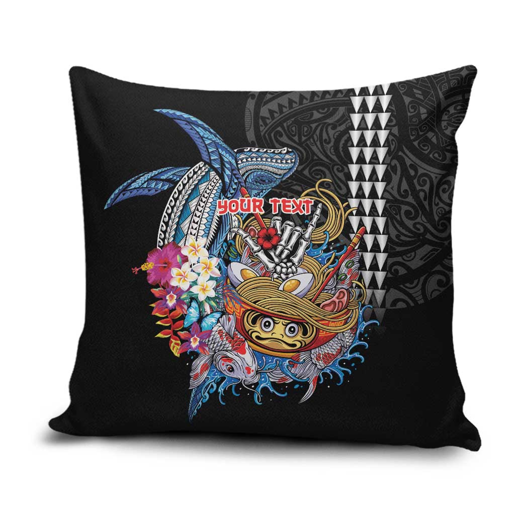 Personalized Japanese Koi Fish Ramen Pillow Cover Aloha Shark Kakau Pattern LT9 Black - Polynesian Pride
