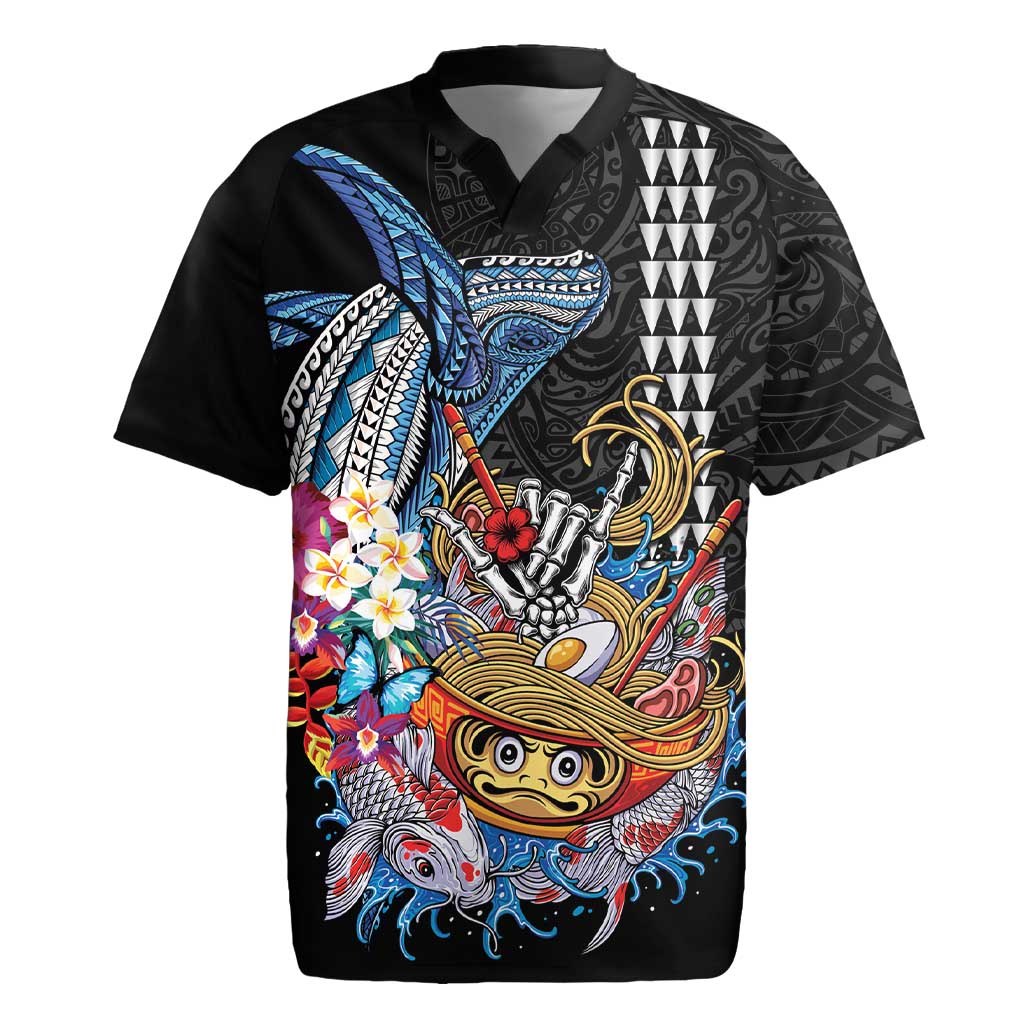 Personalized Japanese Koi Fish Ramen Rugby Jersey Aloha Shark Kakau Pattern LT9 Black - Polynesian Pride