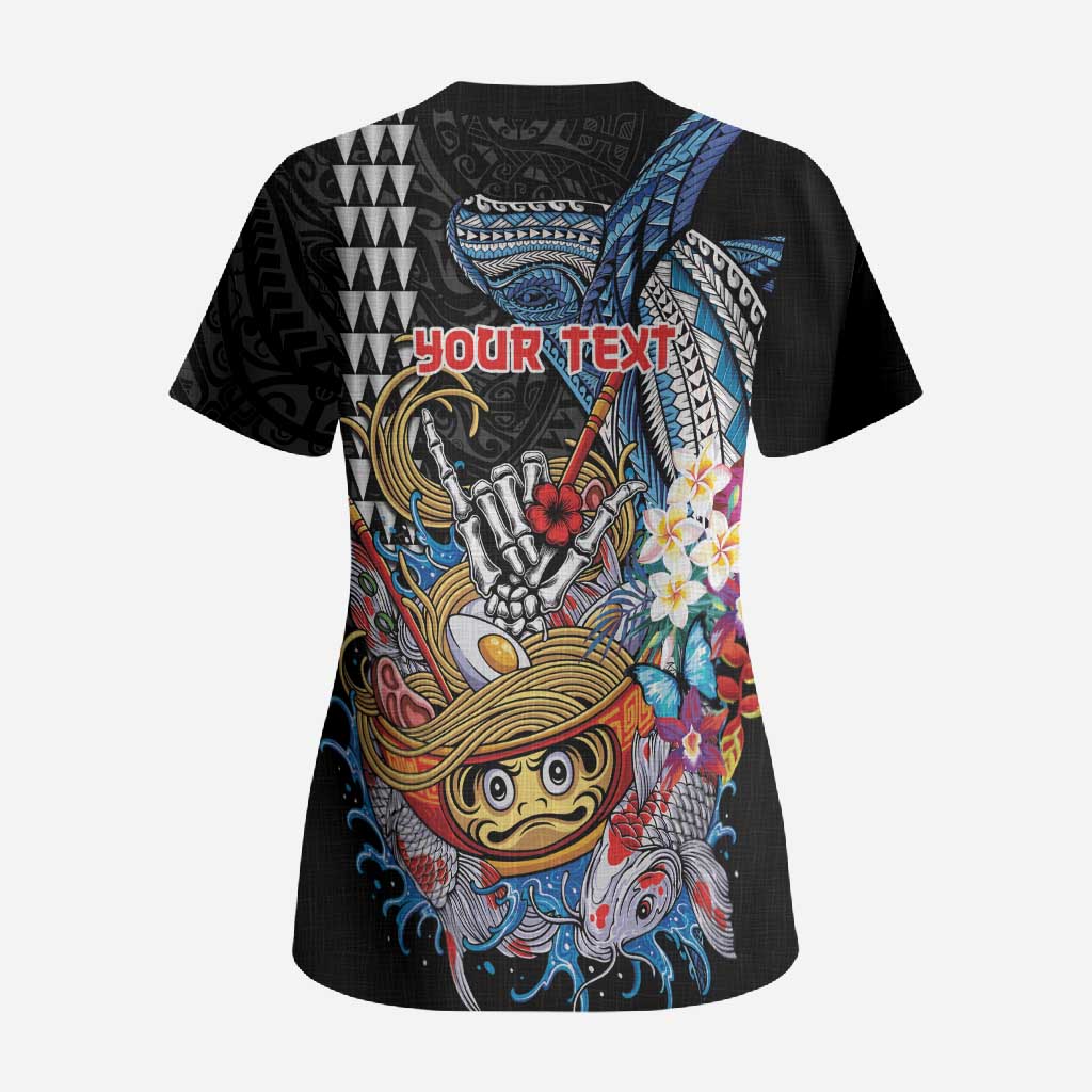 Personalized Japanese Koi Fish Ramen Scrub Top Aloha Shark Kakau Pattern
