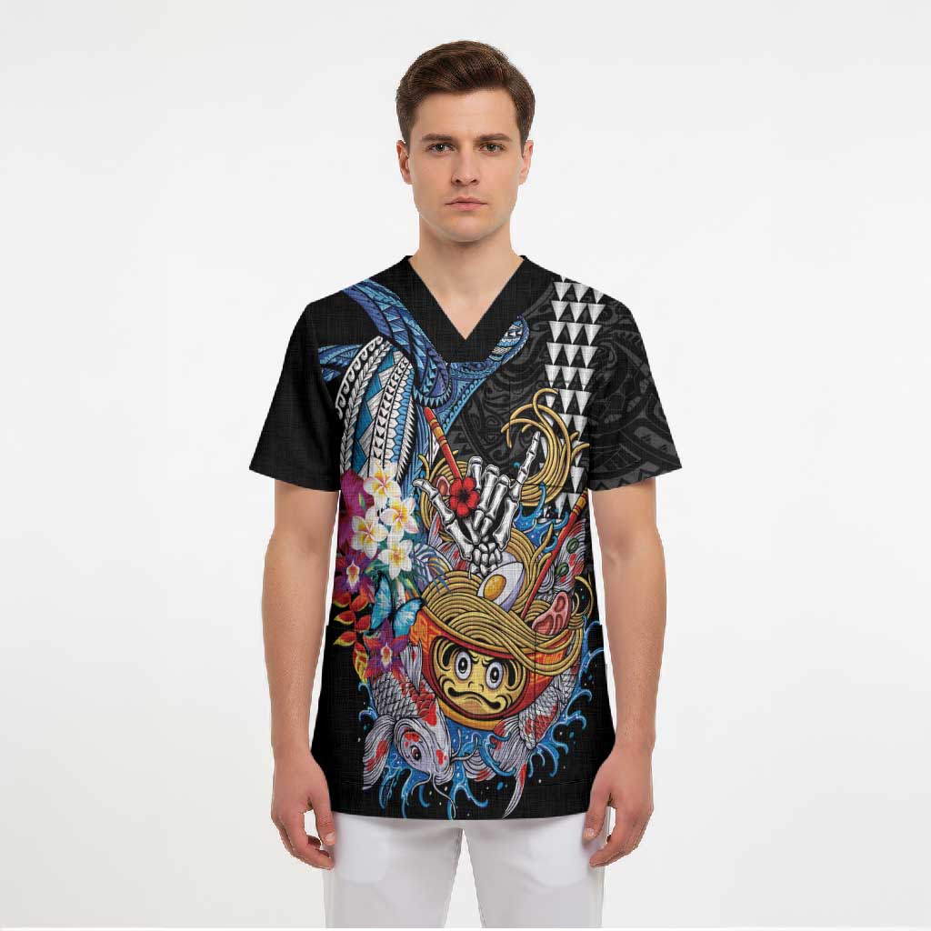 Personalized Japanese Koi Fish Ramen Scrub Top Aloha Shark Kakau Pattern