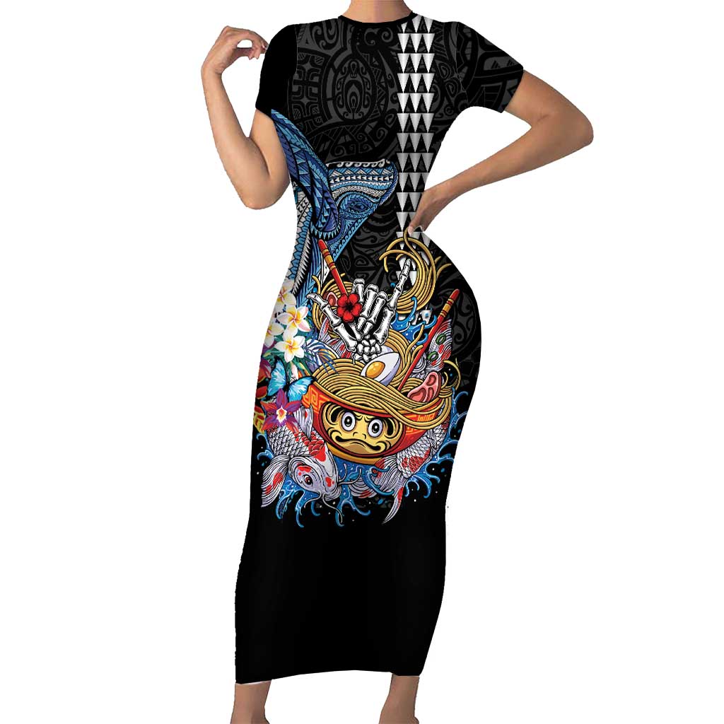Personalized Japanese Koi Fish Ramen Short Sleeve Bodycon Dress Aloha Shark Kakau Pattern LT9 Long Dress Black - Polynesian Pride