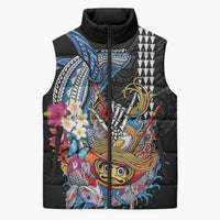 Personalized Japanese Koi Fish Ramen Sleeveless Puffer Jacket Aloha Shark Kakau Pattern