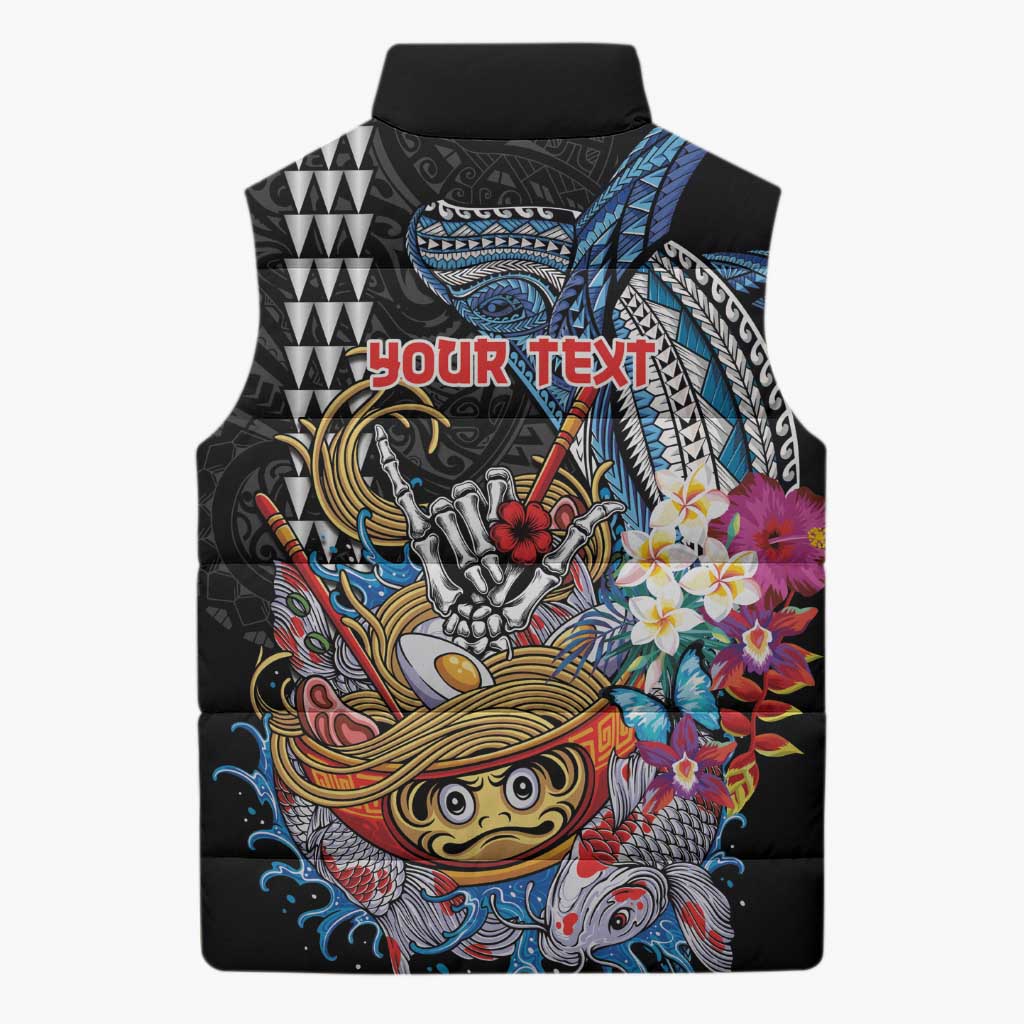 Personalized Japanese Koi Fish Ramen Sleeveless Puffer Jacket Aloha Shark Kakau Pattern