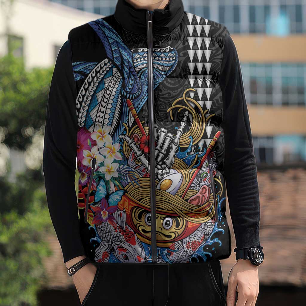 Personalized Japanese Koi Fish Ramen Sleeveless Puffer Jacket Aloha Shark Kakau Pattern