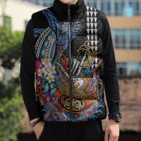 Personalized Japanese Koi Fish Ramen Sleeveless Puffer Jacket Aloha Shark Kakau Pattern
