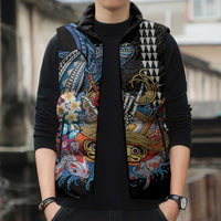 Personalized Japanese Koi Fish Ramen Sleeveless Puffer Jacket Aloha Shark Kakau Pattern