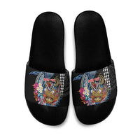 Personalized Japanese Koi Fish Ramen Slide Sandals Aloha Shark Kakau Pattern LT9 Black - Polynesian Pride