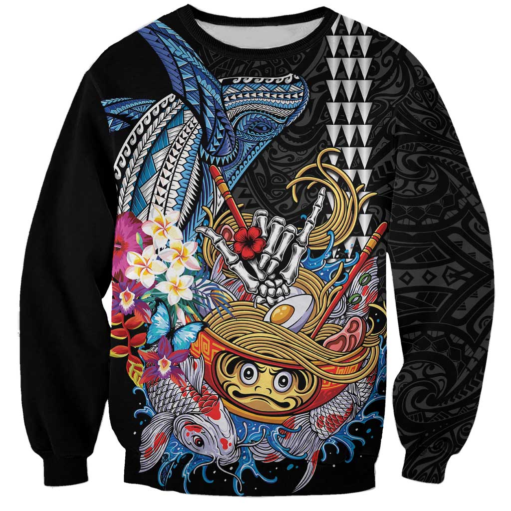 Personalized Japanese Koi Fish Ramen Sweatshirt Aloha Shark Kakau Pattern LT9 Unisex Black - Polynesian Pride
