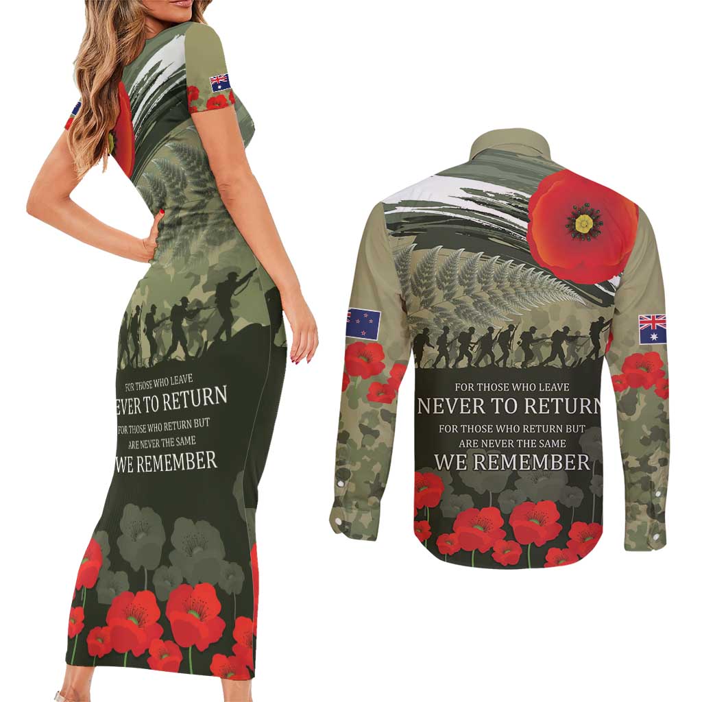 ANZAC Day We Remember Couples Matching Short Sleeve Bodycon Dress and Long Sleeve Button Shirt Maori Silver Fern Camouflage Motif