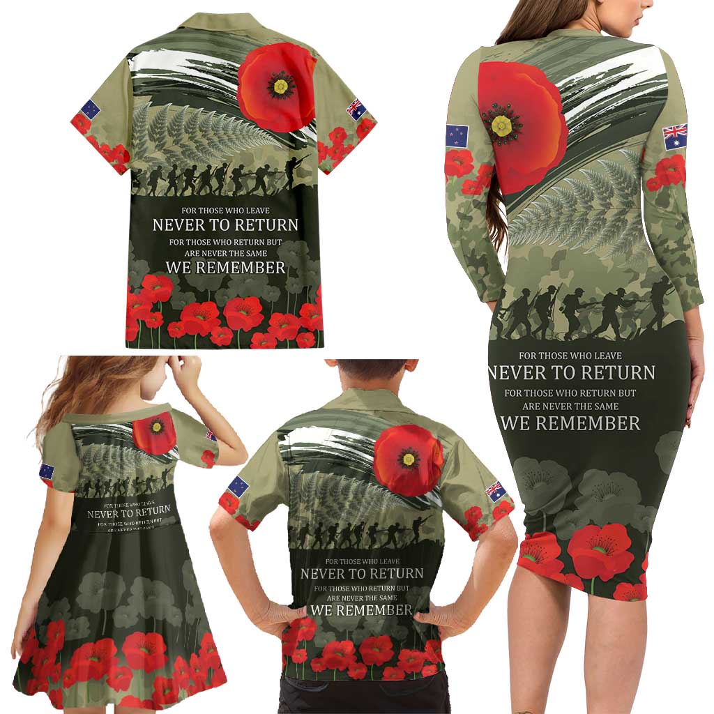 ANZAC Day We Remember Family Matching Long Sleeve Bodycon Dress and Hawaiian Shirt Maori Silver Fern Camouflage Motif