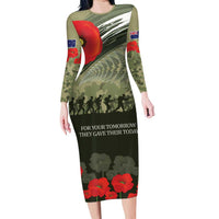 ANZAC Day We Remember Family Matching Long Sleeve Bodycon Dress and Hawaiian Shirt Maori Silver Fern Camouflage Motif