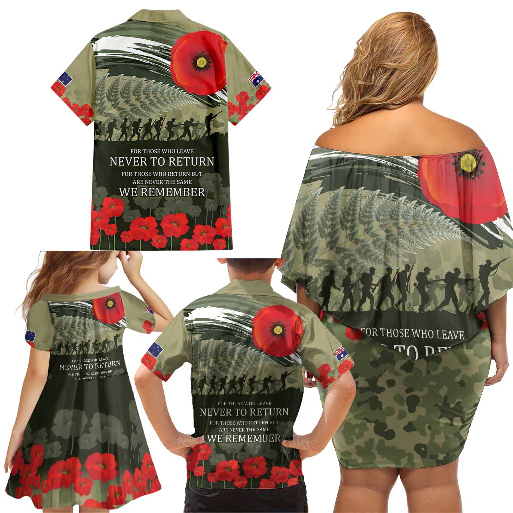 ANZAC Day We Remember Family Matching Off Shoulder Short Dress and Hawaiian Shirt Maori Silver Fern Camouflage Motif