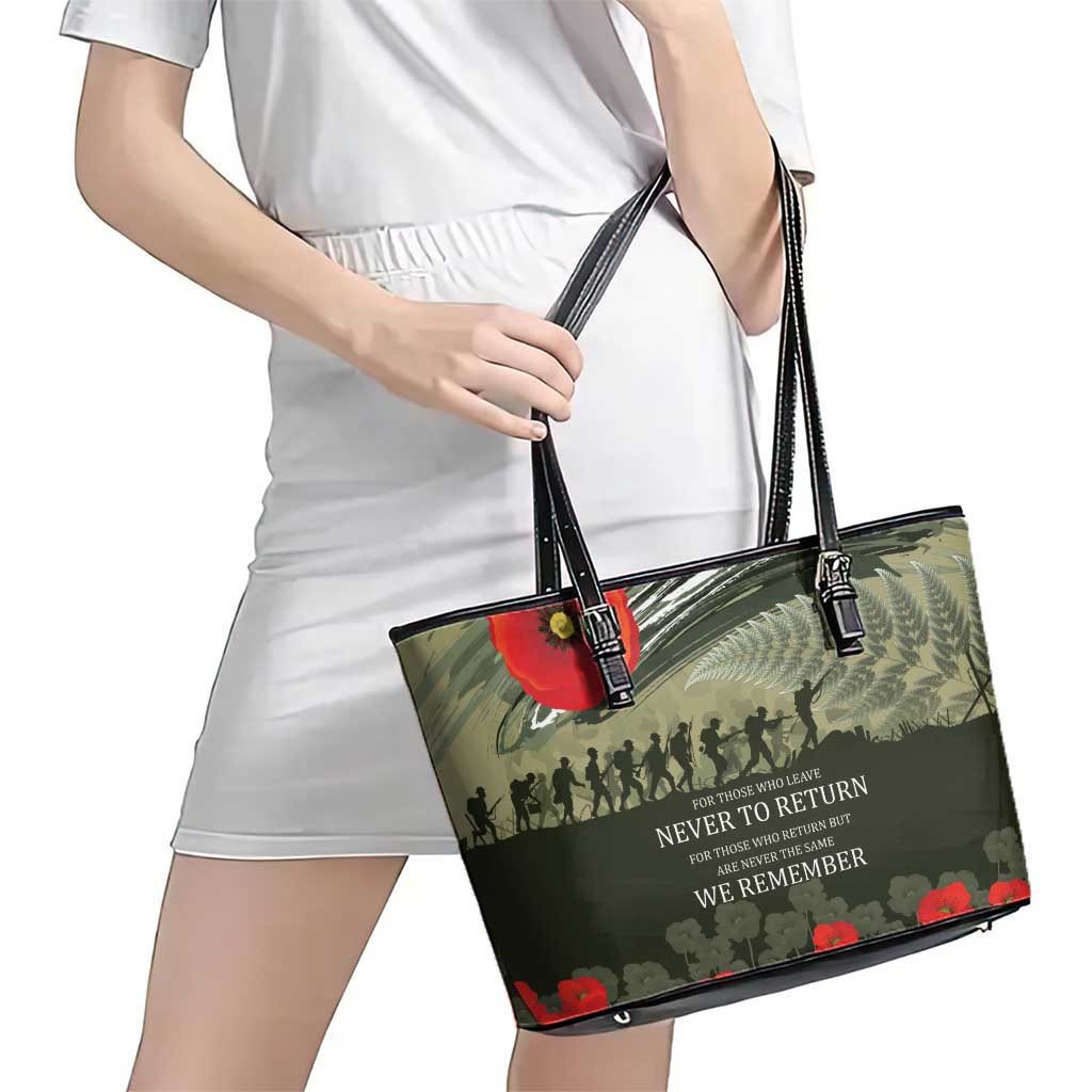 ANZAC Day We Remember Leather Tote Bag Maori Silver Fern Camouflage Motif