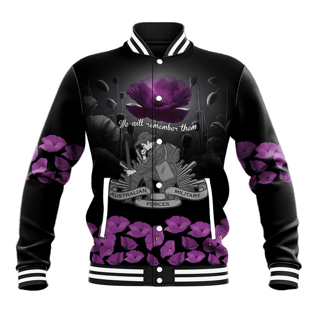 ANZAC Day Remembrance Baseball Jacket Purple Poppy We Will Remember Them