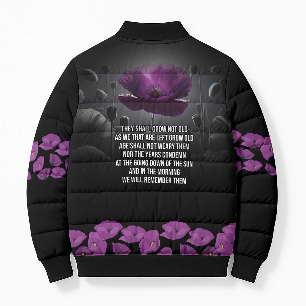 ANZAC Day Remembrance Bomber Puffer Jacket Purple Poppy We Will Remember Them LT9 - Polynesian Pride