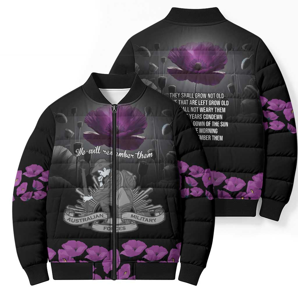 ANZAC Day Remembrance Bomber Puffer Jacket Purple Poppy We Will Remember Them LT9 - Polynesian Pride