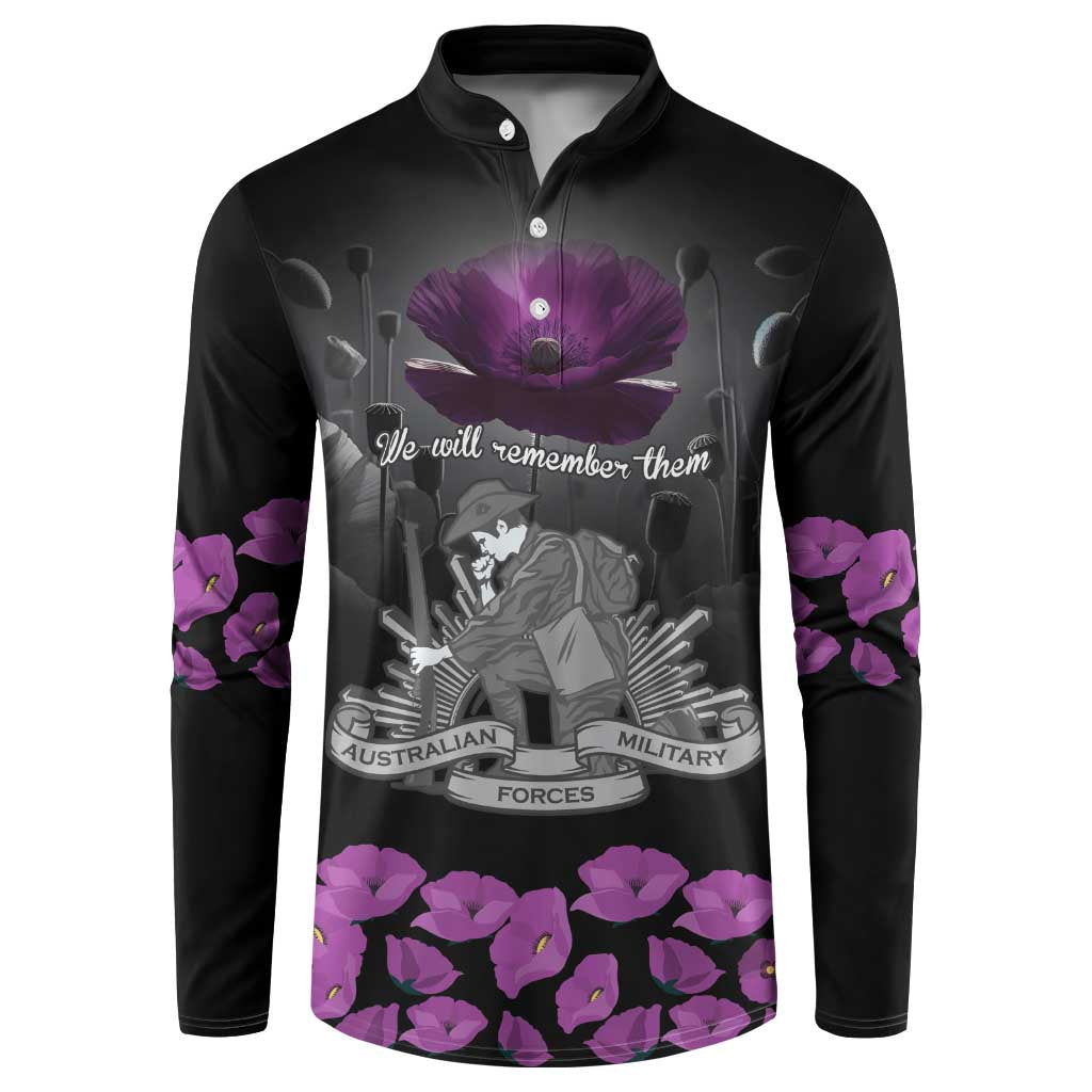 ANZAC Day Remembrance Button Sweatshirt Purple Poppy We Will Remember Them