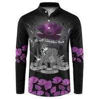 ANZAC Day Remembrance Button Sweatshirt Purple Poppy We Will Remember Them