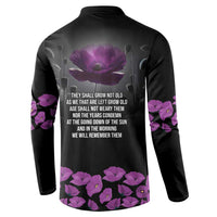 ANZAC Day Remembrance Button Sweatshirt Purple Poppy We Will Remember Them