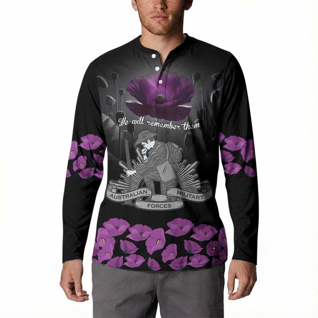 ANZAC Day Remembrance Button Sweatshirt Purple Poppy We Will Remember Them