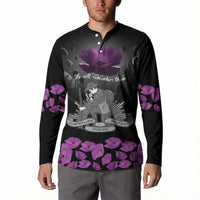 ANZAC Day Remembrance Button Sweatshirt Purple Poppy We Will Remember Them