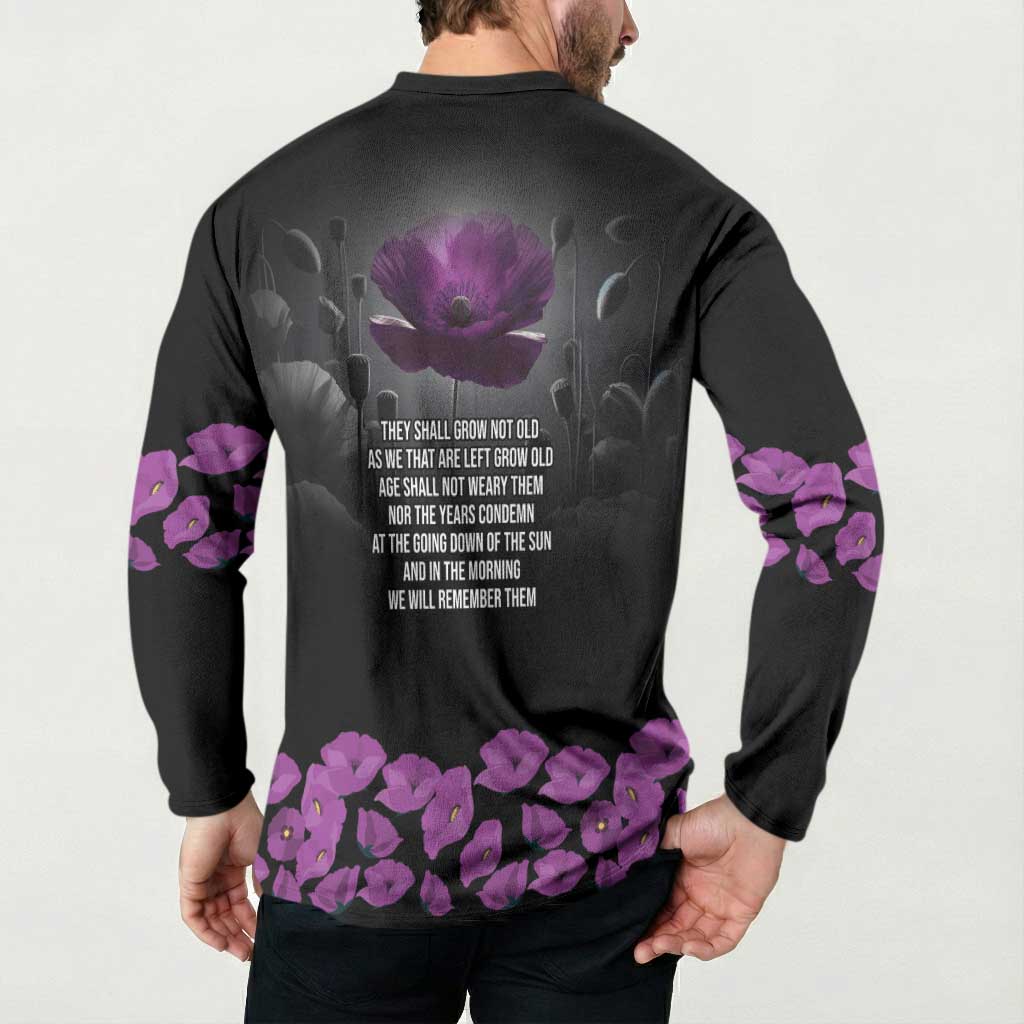 ANZAC Day Remembrance Button Sweatshirt Purple Poppy We Will Remember Them