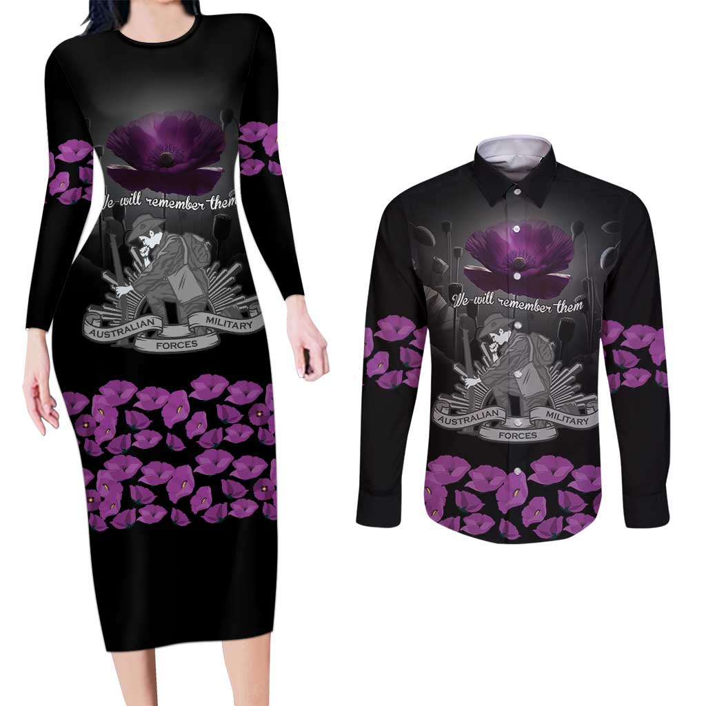 ANZAC Day Remembrance Couples Matching Long Sleeve Bodycon Dress and Long Sleeve Button Shirt Purple Poppy We Will Remember Them LT9 Purple - Polynesian Pride
