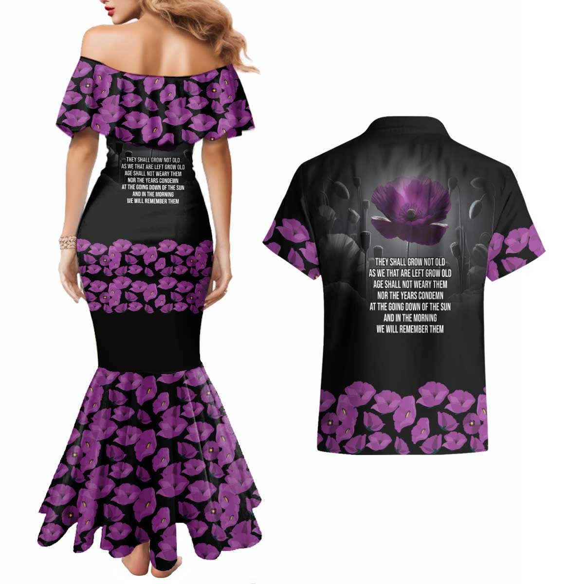 ANZAC Day Remembrance Couples Matching Mermaid Dress and Hawaiian Shirt Purple Poppy We Will Remember Them LT9 - Polynesian Pride