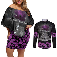 ANZAC Day Remembrance Couples Matching Off Shoulder Short Dress and Long Sleeve Button Shirt Purple Poppy We Will Remember Them
