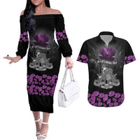 ANZAC Day Remembrance Couples Matching Off The Shoulder Long Sleeve Dress and Hawaiian Shirt Purple Poppy We Will Remember Them LT9 Purple - Polynesian Pride