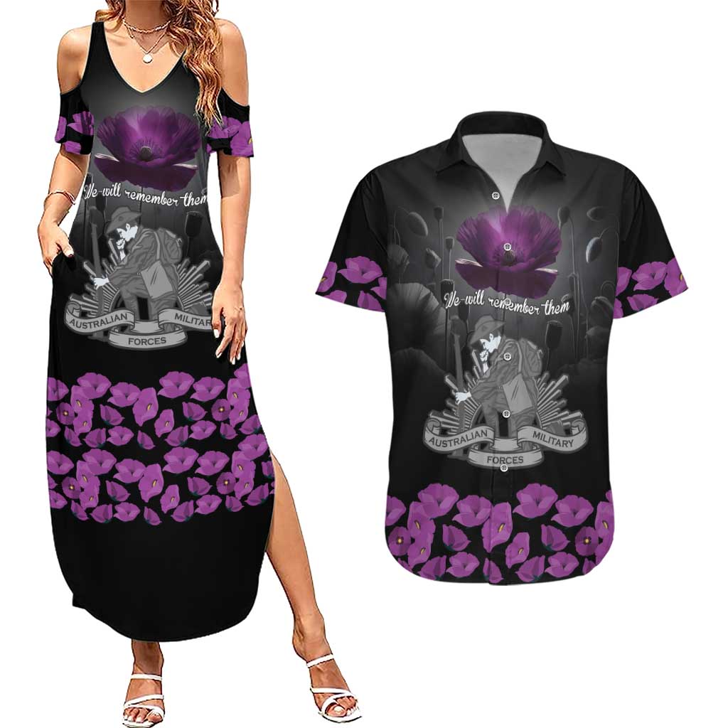 ANZAC Day Remembrance Couples Matching Summer Maxi Dress and Hawaiian Shirt Purple Poppy We Will Remember Them LT9 Purple - Polynesian Pride