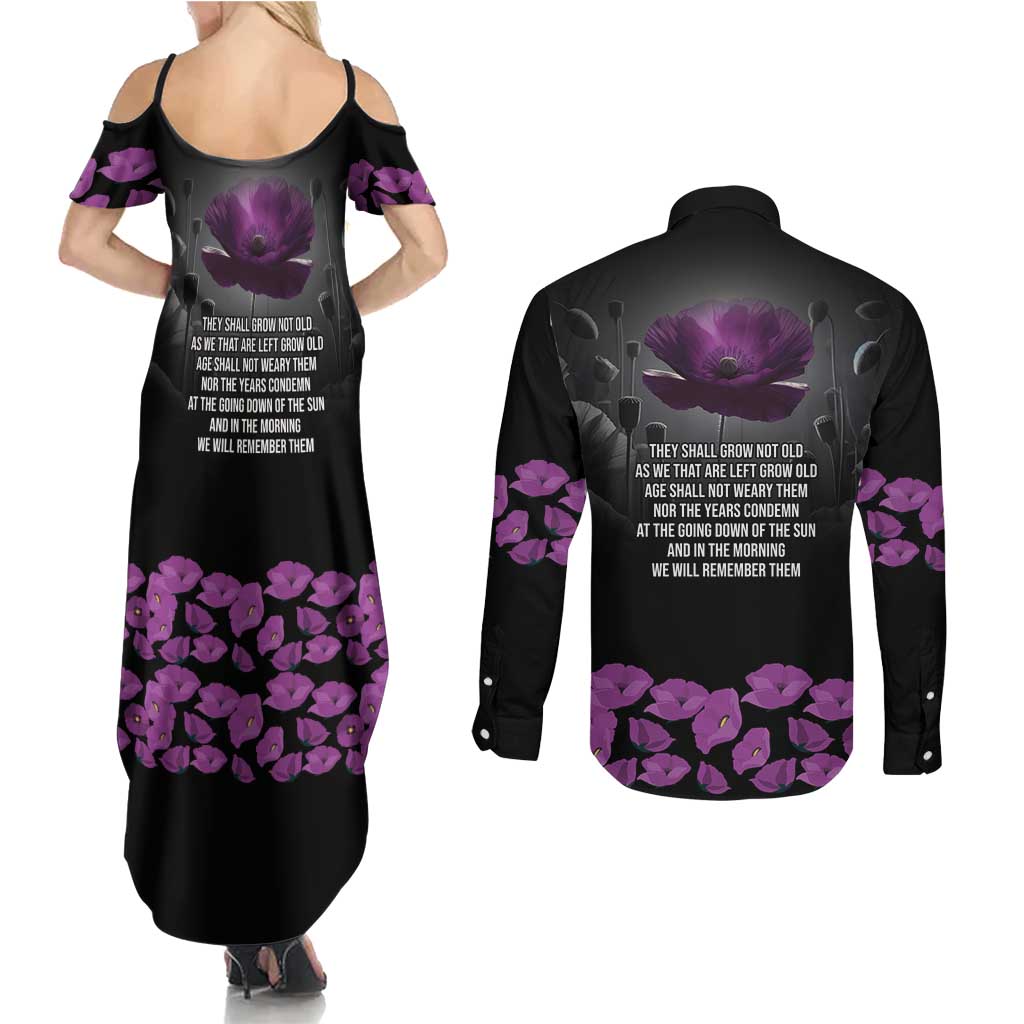ANZAC Day Remembrance Couples Matching Summer Maxi Dress and Long Sleeve Button Shirt Purple Poppy We Will Remember Them