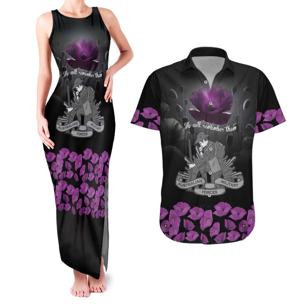 ANZAC Day Remembrance Couples Matching Tank Maxi Dress and Hawaiian Shirt Purple Poppy We Will Remember Them LT9 Purple - Polynesian Pride