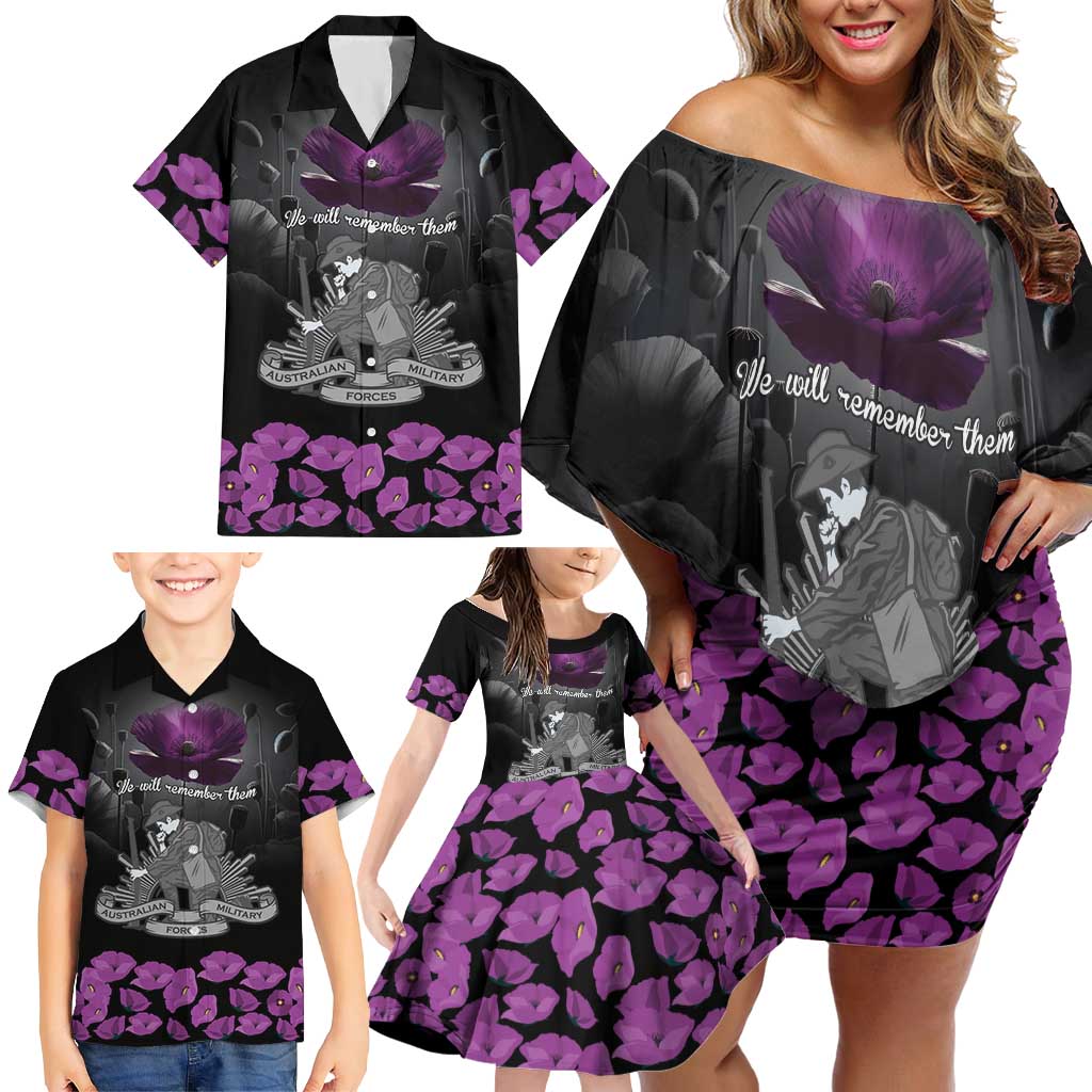 ANZAC Day Remembrance Family Matching Off Shoulder Short Dress and Hawaiian Shirt Purple Poppy We Will Remember Them LT9 - Polynesian Pride