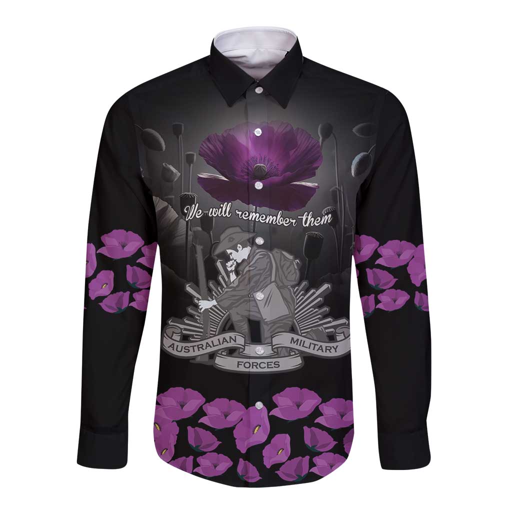 ANZAC Day Remembrance Long Sleeve Button Shirt Purple Poppy We Will Remember Them