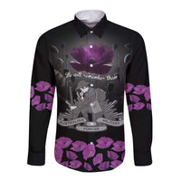 ANZAC Day Remembrance Long Sleeve Button Shirt Purple Poppy We Will Remember Them