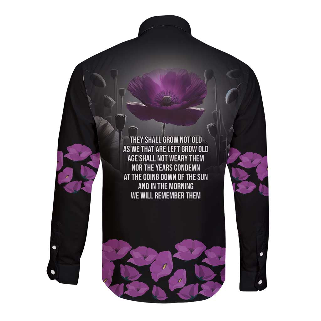 ANZAC Day Remembrance Long Sleeve Button Shirt Purple Poppy We Will Remember Them