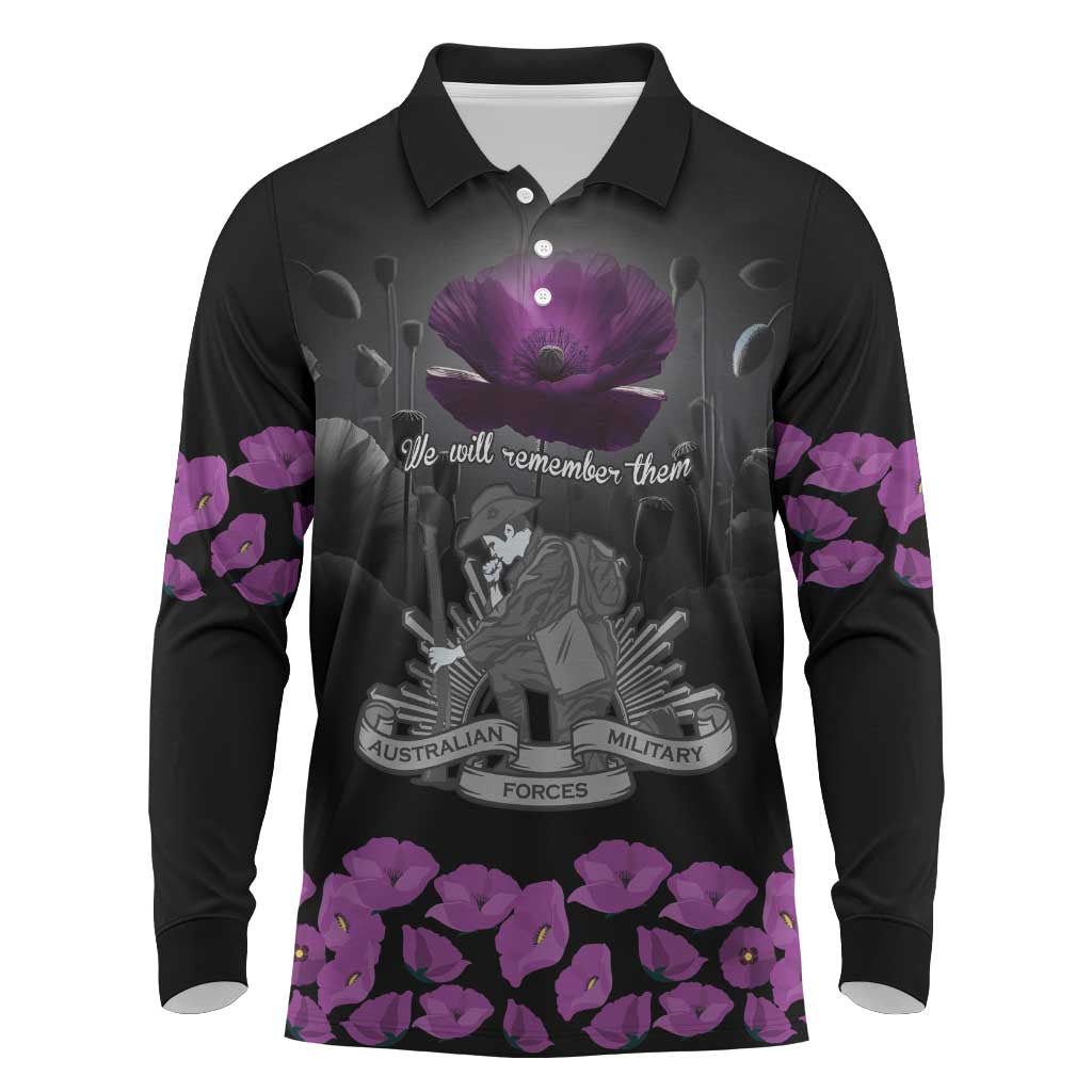 ANZAC Day Remembrance Long Sleeve Polo Shirt Purple Poppy We Will Remember Them LT9 Purple - Polynesian Pride