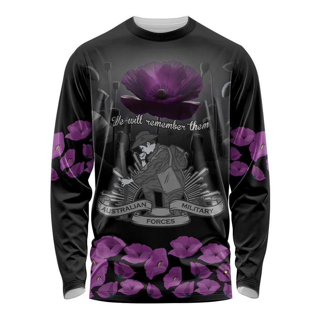 ANZAC Day Remembrance Long Sleeve Shirt Purple Poppy We Will Remember Them LT9 Unisex Purple - Polynesian Pride