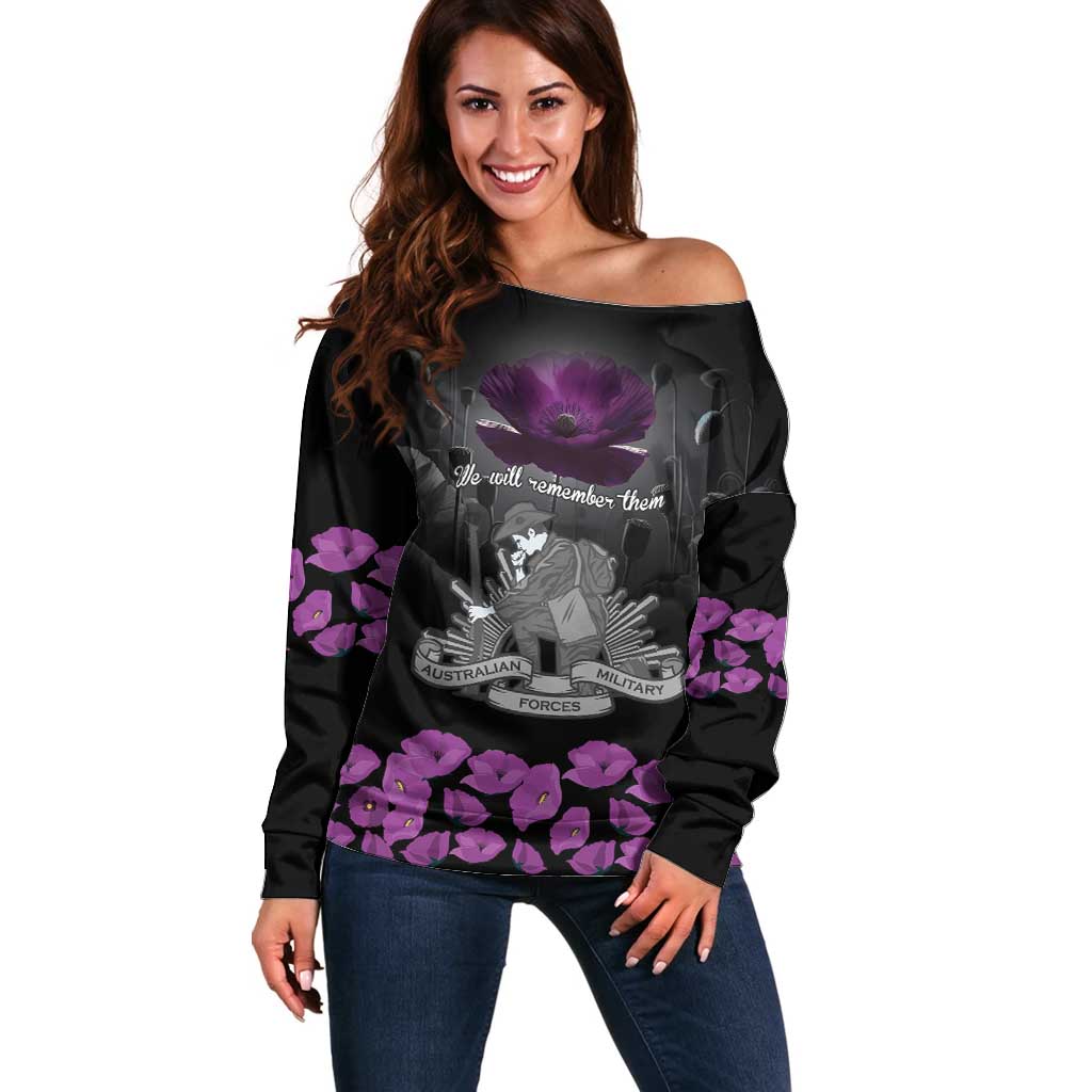 ANZAC Day Remembrance Off Shoulder Sweater Purple Poppy We Will Remember Them