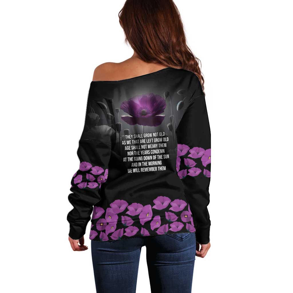 ANZAC Day Remembrance Off Shoulder Sweater Purple Poppy We Will Remember Them