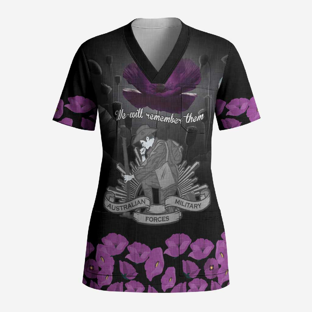 ANZAC Day Remembrance Scrub Top Purple Poppy We Will Remember Them LT9 Adult Purple - Polynesian Pride
