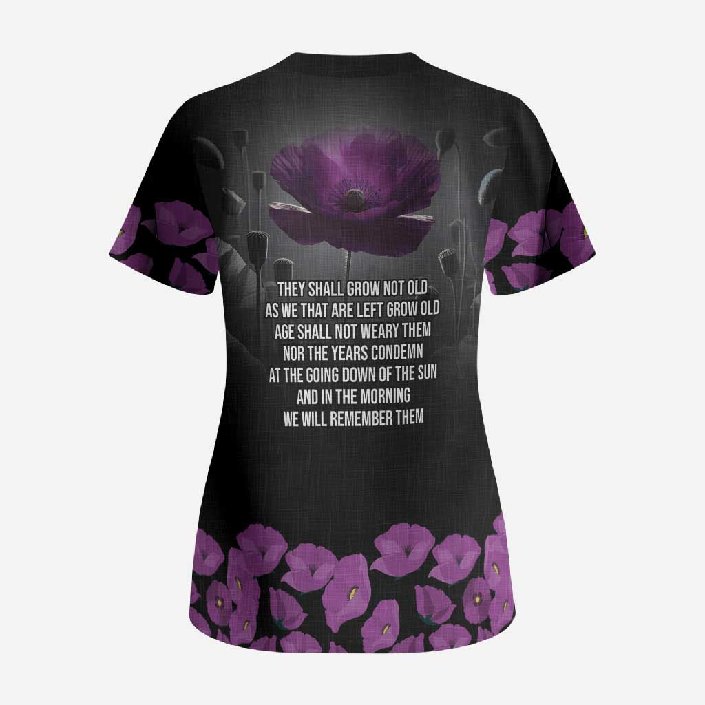 ANZAC Day Remembrance Scrub Top Purple Poppy We Will Remember Them LT9 - Polynesian Pride