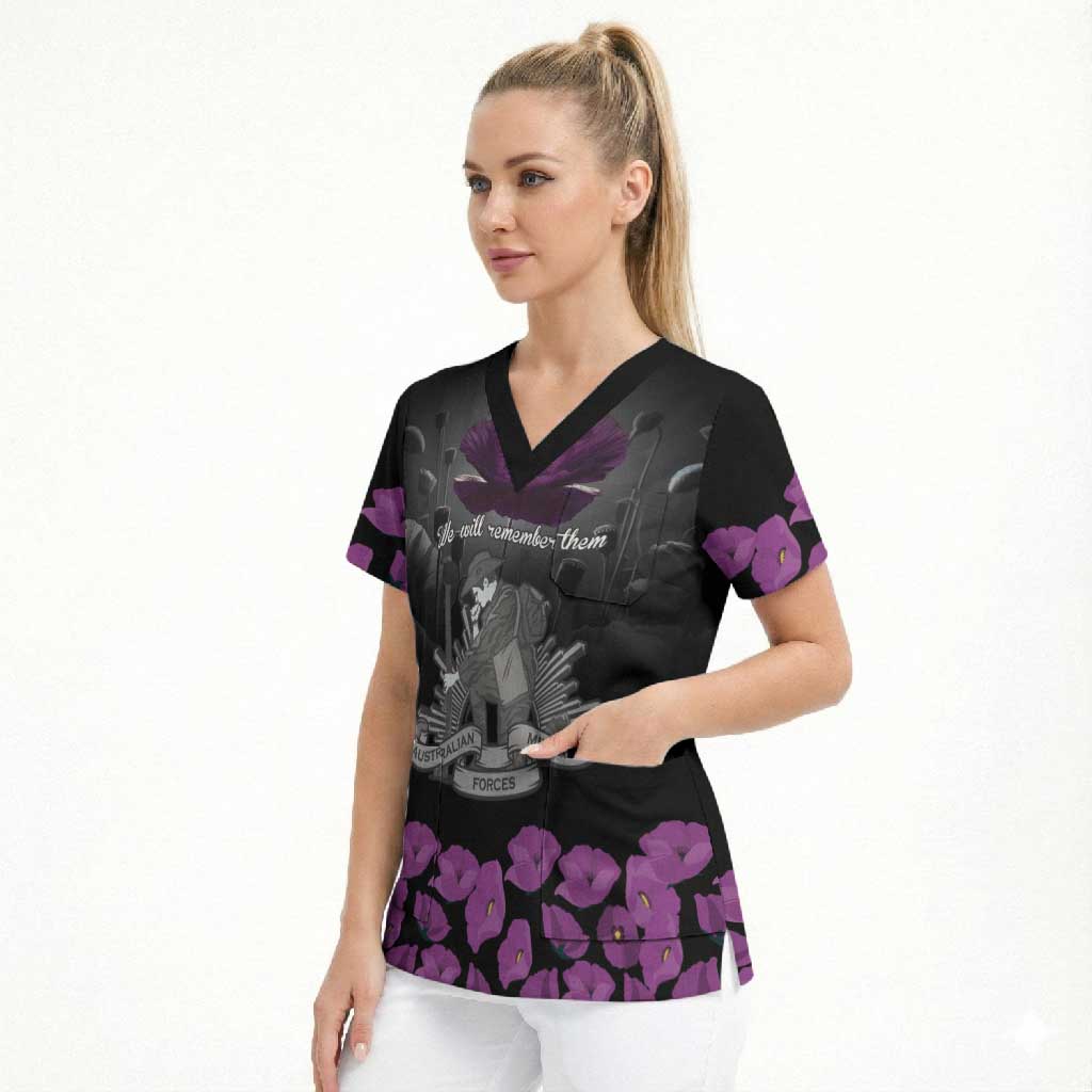 ANZAC Day Remembrance Scrub Top Purple Poppy We Will Remember Them LT9 - Polynesian Pride