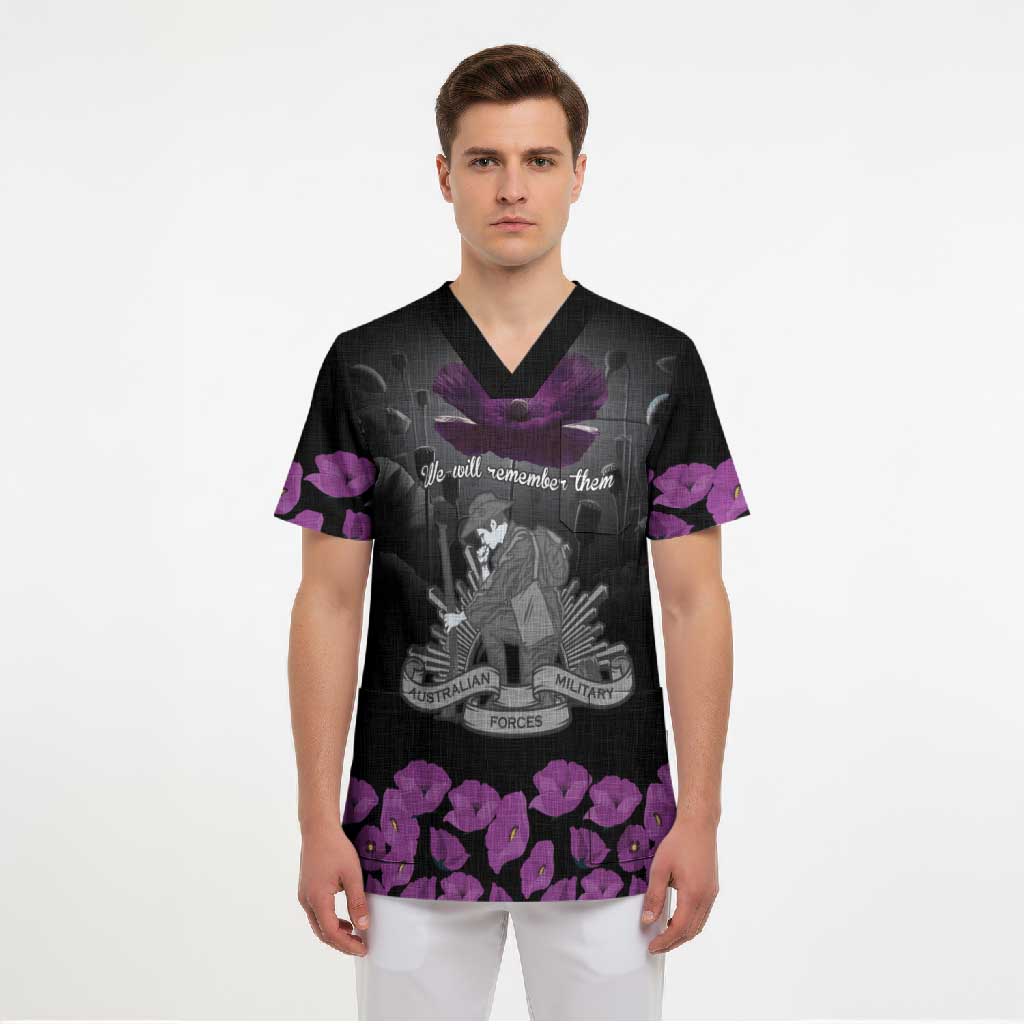 ANZAC Day Remembrance Scrub Top Purple Poppy We Will Remember Them LT9 - Polynesian Pride