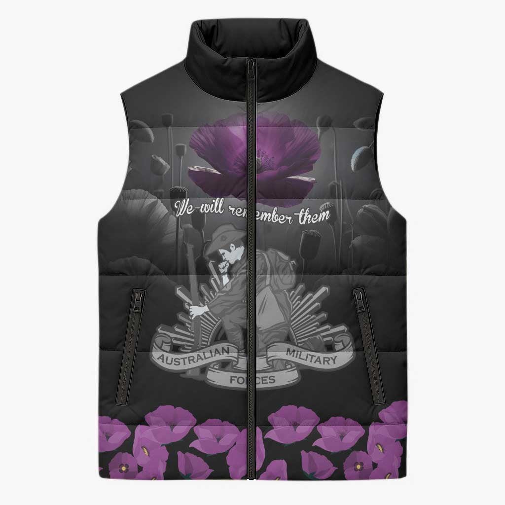 ANZAC Day Remembrance Sleeveless Puffer Jacket Purple Poppy We Will Remember Them LT9 Unisex Purple - Polynesian Pride